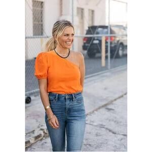 NWOT Candace Cameron Bure Breezy Cotton One Shoulder Puff Sleeve Top Orange M